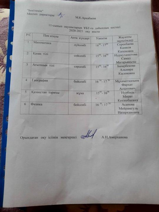 ҰБТ дайындық сабақ кестесі