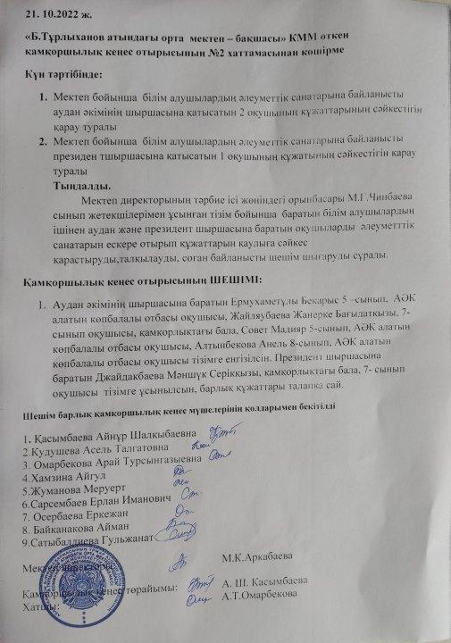 Қамқоршылық кеңесі отырысы хаттамасы
